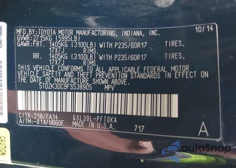 2015 Toyota Sienna L 7 Passenger from USA, damaged, VIN 5TDZK3DC9FS538905